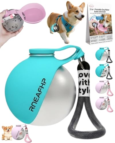 Dog Water Bottle with Bowl 2-in-1 Portable Leak Proof 10 OZ Puppy Travel Drink Dispenser for Large Medium Small Breeds Stainless Steel Hydration Tumbler Buddy Cup for Dogs Pets Outdoor(Blue A) - color: Blue A