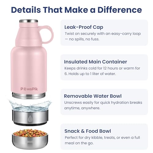 PawsPik 32oz 3-in-1 Travel Dog Water Bottle & Bowl Set – Stainless Steel Vacuum-Insulated Bottle with Detachable Food & Water Bowls, Leak-Proof, Keeps Water Cold 12hrs/Hot 6hrs (Cherry Blossom Pink) - color: Cherry Blossom Pink