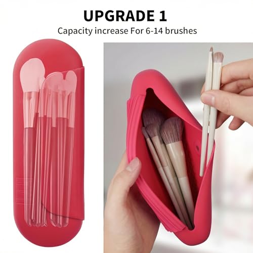 AGIKET Silicone Makeup Brush Holder Travel Cosmetic Bag：Soft Portable Cosmetic Face Brushes Holder with Upgrade Anti-Fall Out Magnetic Closure, Large Travel Makeup Brush Case - Carmine - color: Carmine, style: Brush Holder