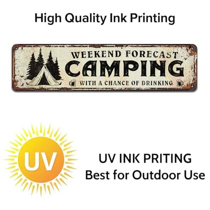 Weekend Forecast Camping with a Chance of Drinking Sign, Metal Tin Signs 4x16 Inch - color: V-139