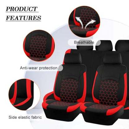 Car Seat Cover Full Sets, Polyester Foam Breathable Waterproof Vehicle Split Front Rear Seat Protectors, Automotive Interior Chair Cushion Pad, Universal for SUV RV Truck (Red) - color: Red