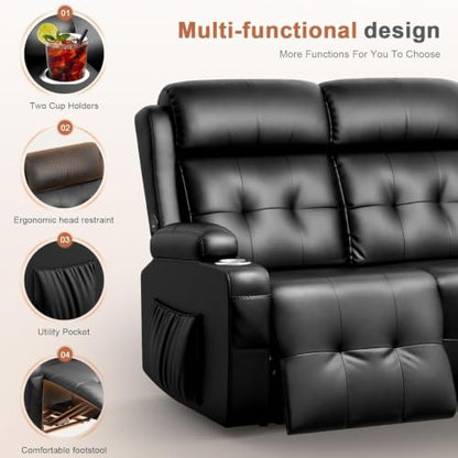 RV Loveseat Recliner Sofa, Wall Hugger Massage Reclining RV Couch with USB, Insert Pockets, Cup Holders, 150° RV Recliners Sleeper Sofas for RV Furniture & Travel Trailers & Home Theater Seating - color: Black, size: Loveseat-G1