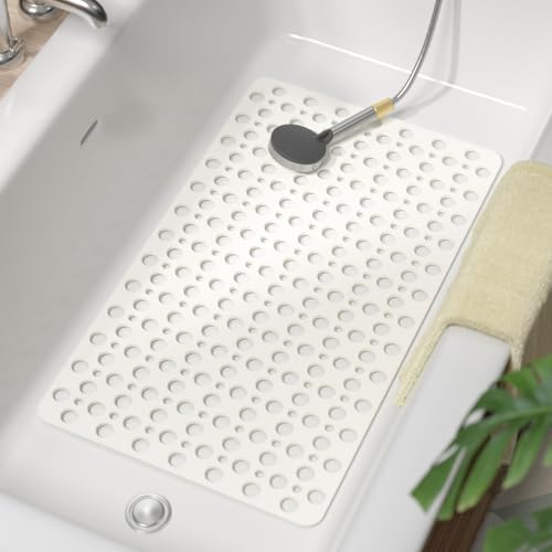 HITSLAM Bathtub Mat Non Slip, 30 x 17 Inch TPE Bath Mat for Tub, Efficient Drainage Bathroom Shower Mat with Suction Cups, Bath Tub Mat, Soft on Feet and Easy to Clean, White - color: White, size: 30" x 17" (Rectangular)