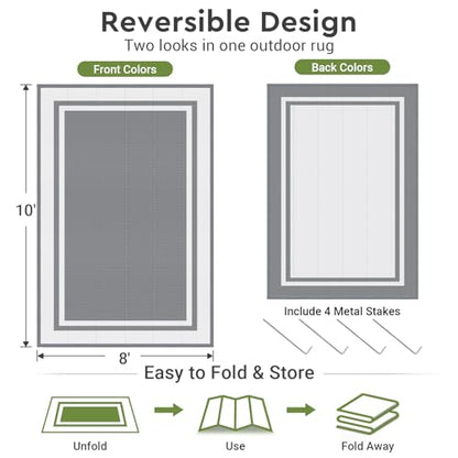 Mattitude Outdoor Rug Reversible Portable Plastic Straw Camping Rugs for Outside RV,Large Waterproof Outdoor Area Rugs for Patio,Deck,Porch,Balcony(8'x 10',White&Gray) - size: 8' x 10' (Rectangular)