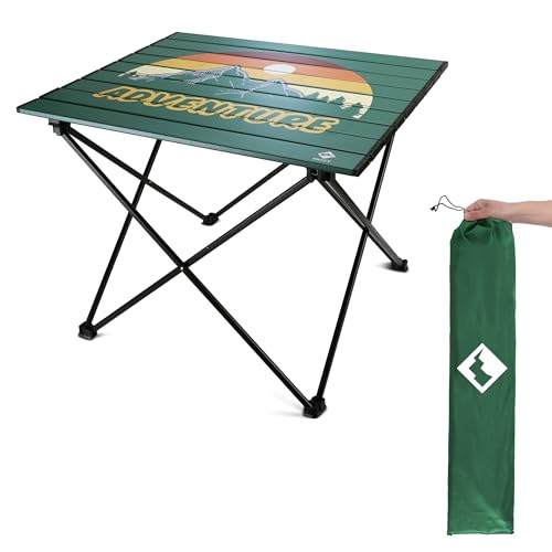 VILLEY Portable Camping Side Table, Ultralight Aluminum Folding Camp Table with Mountain Silhouette Print and Carry Bag, Compact Outdoor Picnic Table for Camping, Beach, Hiking, Travel, Large - color: Green, size: Large 24'', style: Mountain Silhouette