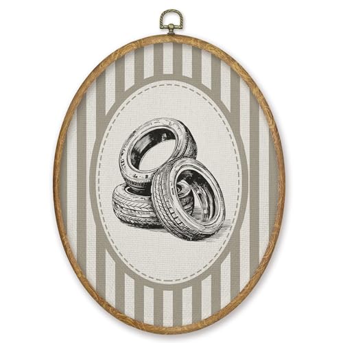 CGBHW Vintage Car Nursery Oval Wall Art Decor Products, Kids Canvas Prints Framed, Neutral Striped Car Tires Wheel Wall Art Hanging Decor for Home Kids Boy Nursery Room Bedroom Playroom, 8.6x11.4 Inch - color: Colour23