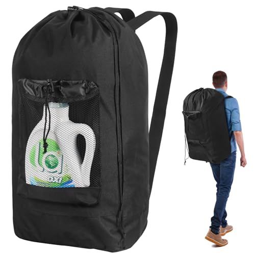 Tenn Well Laundry Bag Backpack, Heavy Duty Large Laundry Bag with Straps & Mesh Pocket, Clothes Hamper Bag for College Dorm, Laundromat, Apartment - color: Black, size: 13"x28"