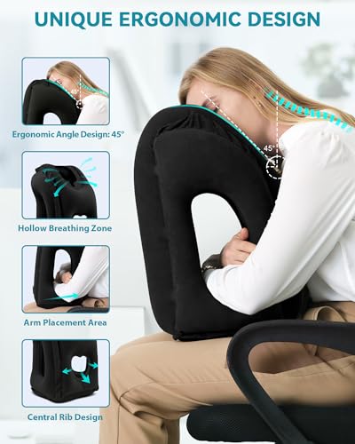 Inflatable Travel Pillow, Airplane Neck Pillow Comfortably Supports Head and Chin for Airplanes, Trains, Cars Office Napping on The Tray Table (Black) - color: Black(standard)