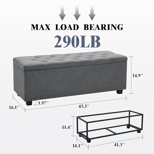 43" Ottoman with Storage and Sturdy Metal Frame, Tufted Upholstered Storage Bench, Modern Footboard Hideaway Chest with Removable Lid and Footrest for Living Room, Entryway (Dark Gray) - color: Dark Gray