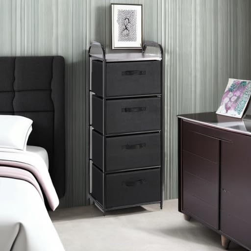 MAX Houser 4 Drawer Fabric Dresser Tall Storage Tower, Dresser Chest with Wood Top, Vertical Nightstand Side Organizer Unit with Metal Frame for Closets Bedroom Nursery Room Hallway(Black) - color: Black3