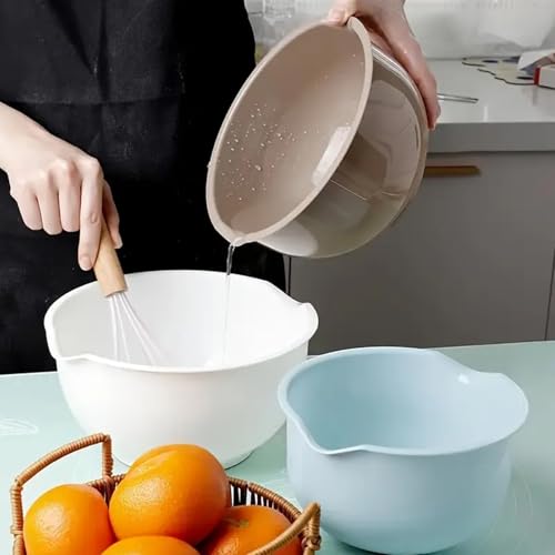 Nesting Plastic Mixing Bowls, Set Of 3, 1.5 quart, 2 quart, 2.5quart, Nesting Bowls with Non Slip Base and Easy Pour Spout, Dishwasher Safe - color: Blue Grey white