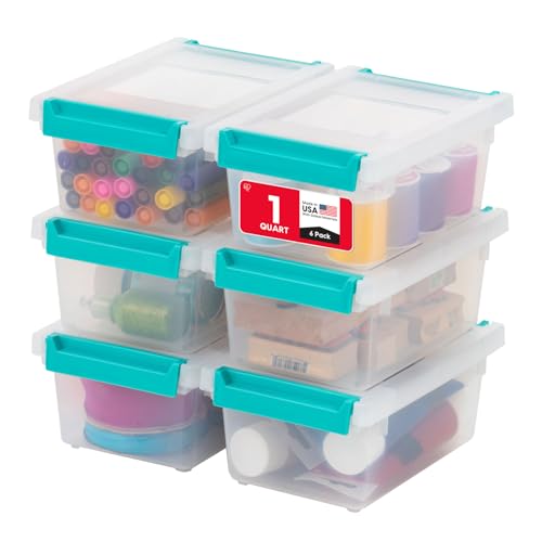 IRIS USA 1 Qt. Craft Storage Bins with Lids, 6-Pack, |Made in USA|, Clip Box, Small Plastic Sensory Bin Tote Organizer Containers for Art Supplies, Paper, & Office, Stackable - Clear/Seafoam Blue - color: Clear/Seafoam Blue, size: 1 Qt. - 6 Pack