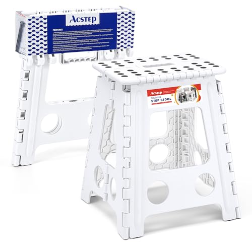 ACSTEP Folding Step Stool 16 Inch Heavy Duty Step Stool Foldable for Adults and Kids, Collapsible Stepping Stool with Handle, Non Slip Folding Stools for Kitchen Hold Up to 400lbs (White 1PC) - color: White, size: 16 Inch( Pack of 1)