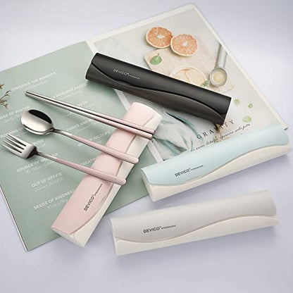 DEVICO Portable Travel Utensils with Case, Reusable Camping Silverware for Lunch, 18/8 Stainless Steel Cutlery Set (Pink) - color: Pink