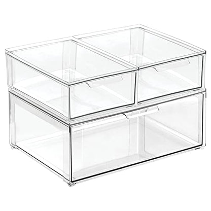 mDesign Plastic Stackable Bathroom Storage Organizer Bin Containers with Front Pull Drawer for Bathroom Countertop, Vanity, Closet Shelves - Holder for Accessories, Lumiere Collection, Set of 3, Clear - size: Mixed Sizes (Pack of 3)