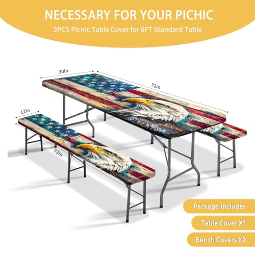Picnic Table Cover with Bench Covers Camping Essentials Waterproof Windproof Camping Tablecloth with Elastic, Fits Table 30"x 72" Rectangle and Seats, Wood Grain American Flag - color: Wood Grain American Flag