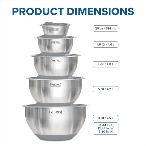 Viking Mixing Bowls Set, 10 Piece Stainless Steel Kitchen Cookware, Non-Slip Silicone Base, Includes Tight Fit Lids, Dishwasher Safe, Grey - color: Gray