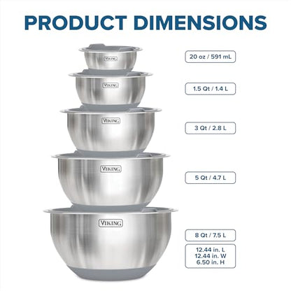 Viking Mixing Bowls Set, 10 Piece Stainless Steel Kitchen Cookware, Non-Slip Silicone Base, Includes Tight Fit Lids, Dishwasher Safe, Grey - color: Gray