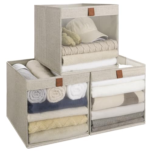 StorageWorks 13x13 Storage Cubes, Closet Storage Bins with Clear Window, Large Fabric Organizer for Clothes, Collapsible Storage Baskets with PU Handles, Brown and Beige, 3-Pack - color: Brown and Beige, size: 13"L x 13"W x 13"H