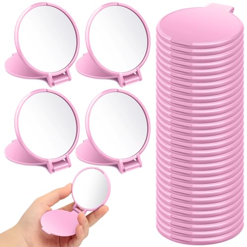 24 Pcs Mini Pink Compact Mirror Bulk for Women Small Round Portable Pink Mirror Makeup Folding Pocket Travel Accessories for Woman Bridal Shower Party Favor Coworker Nurse, 2.8 x 2.4 Inch - color: Pink