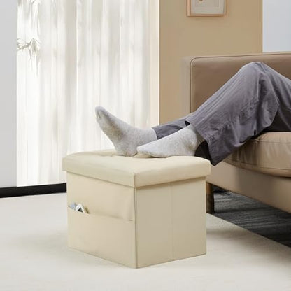 Bsketa Storage Ottoman Foot Rest Stool, Small Leather Storage Ottomans Bench, Folding Footstool with Side Pockets, Foot Rest Under Desk for Living Room Bedroom, 17x13x13 in, Beige - color: Beige-with Side Pockets..