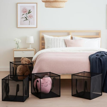 4 Pcs Pop Up Laundry Baskets - Mesh Collapsibles Laundry Hampers Storage with Handle - Foldable for Washing Storage, Great for The Kids Room, College Dorm, Travel Organizer (Black)
