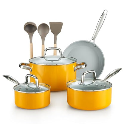 Cook N Home Classic Nonstick Cookware Set, Pots and Pans Cookware Set with Glass Lids and Comfortable Handles, Induction Compatible, 10-Piece, Yellow - color: Yellow