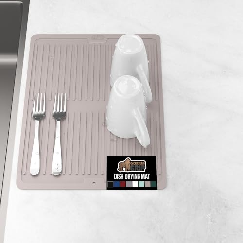 GORILLA GRIP 100% BPA-Free Patented Silicone Dish Drying Mat for Kitchen Counter, Water Catching Ribbed Design, Easy Clean Waterproof Sink Liner, Heat Resistant, Fits Under Rack, 11x13 Inch, Almond - color: Almond, size: 13" X 11", style: Silicone