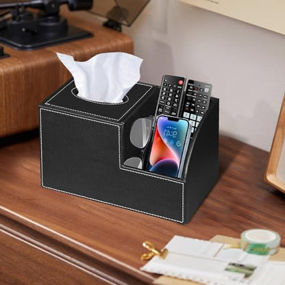 PU Leather Square Tissue Box Cover - Multi-Functional Tissue Box Holder, Tissue Box Cover with Storage,Tissue and Remote Control Holder, Cube Tissue Box Organizer Bedroom Nightstand End Table - color: Black
