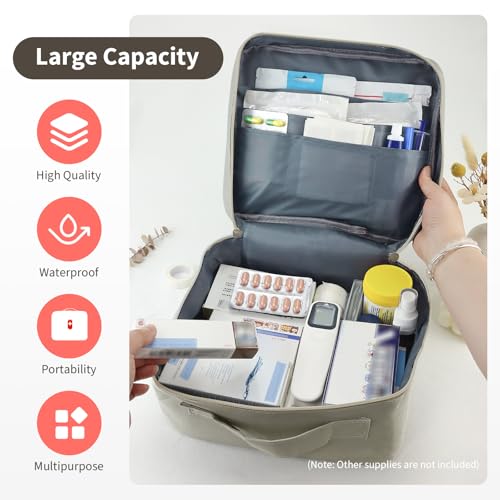 First Aid Bag Empty, Multifunction Emergency Medicine Storage Bag for Outdoor Camping Hiking Travel Emergency (Light Grey)
