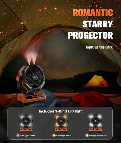 Camping Fan Battery Powered Fan - Rechargeable with Starlight, 20000mAh Battery Operated Outdoor 5 Speed Desk Fans with LED,Hook,Remote Control, Timer,Personal Fans for Tent, Power Outage, Fishing
