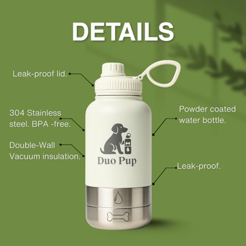 DuoPup 32oz Insulated Stainless Steel Pet Water & Food Bottle – Portable Leak-Resistant Dispenser with Two Detachable Bowls & Carrying Strap – Travel, Hiking & Outdoor Pet Hydration – White - color: White