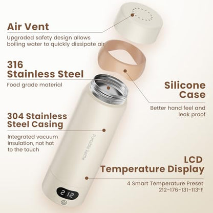 Travel Electric Kettle Portable Mini Kettle,316 Stainless Steel 16.91Oz/500ML,Small Hot Water Boiler with 4 Temperature Settings,Fast Boiling Water with Auto Shut-Off and Boil Dry Protection