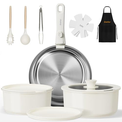 14 pcs Stainless Steel Cookware Set, Detachable Pots and Pans Set with Removable Handle, Non Toxic Space Saving RV Camping Cookware Set, Induction Cookware, Dishwasher & Oven Safe - size: 14 Pcs White