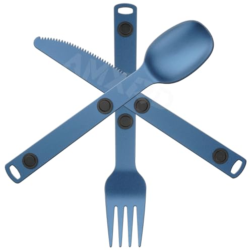 Magnetic Camping Utensils Set, Portable & Reusable Metal Travel Flatware, Camping Cutlery Set, Knife, Fork & Spoon, 3-PACK, Blue - color: Blue
