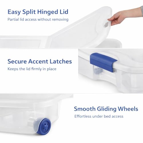 66 Quart Underbed Storage Bin with Wheels & Clear Lid, Under Bed Storage Container for Blankets, 39.5" x 20.25" x 7", Split-Lid Design & Smooth Gliding Wheels