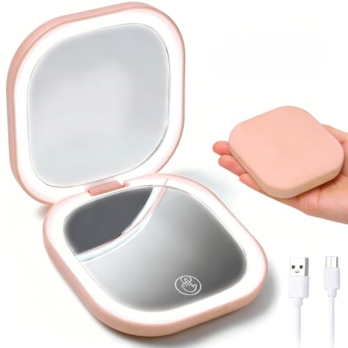 Compact Mirror, 1X 10X Magnifying LED Pocket Mirror with 3 Light Settings, Dual Side Dimmable Touch Screen USB Rechargeable, Portable Light Up Compact Mirrors for Pocket Handbag Purse Travel, Pink - color: Peach Pink