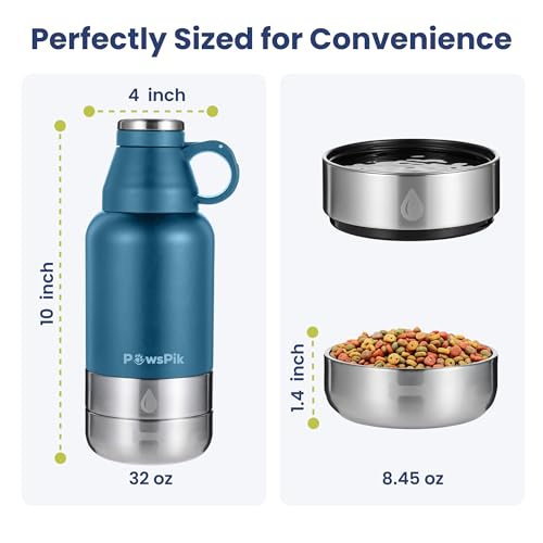 PawsPik 32oz 3-in-1 Travel Dog Water Bottle & Bowl Set – Stainless Steel Vacuum-Insulated Bottle with Detachable Food & Water Bowls, Leak-Proof, Keeps Water Cold 12hrs/Hot 6hrs (Midnight Summit Blue) - color: Midnight Summit Blue