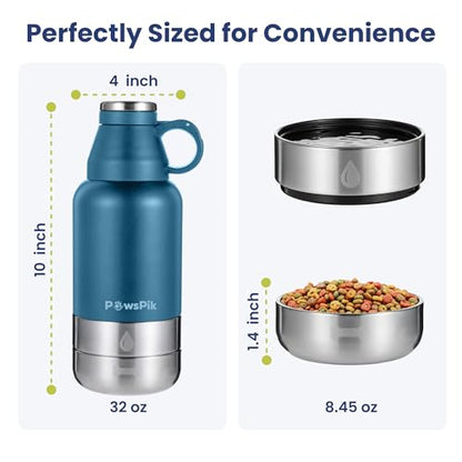 PawsPik 32oz 3-in-1 Travel Dog Water Bottle & Bowl Set – Stainless Steel Vacuum-Insulated Bottle with Detachable Food & Water Bowls, Leak-Proof, Keeps Water Cold 12hrs/Hot 6hrs (Midnight Summit Blue) - color: Midnight Summit Blue