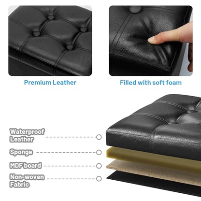 Bsketa Storage Ottoman Foot Rest Stool, Small Leather Storage Ottomans Bench, Folding Footstool with Side Pockets, Foot Rest Under Desk for Living Room Bedroom, 15x15x15 in, Black - color: Black-with Side Pockets
