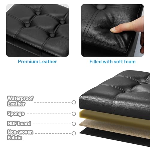 Bsketa Storage Ottoman Foot Rest Stool, Small Leather Storage Ottomans Bench, Folding Footstool with Side Pockets, Foot Rest Under Desk for Living Room Bedroom, 17x13x13 in, Black - color: Black-with Side Pockets.