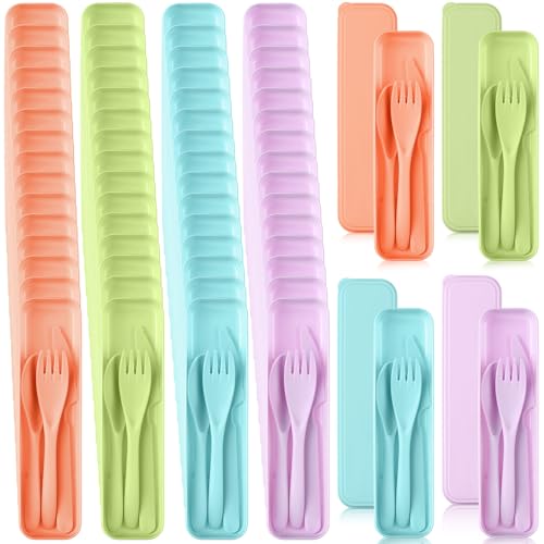 Jinei 50 Sets Reusable Travel Utensils Set with Case Wheat Straw Cutlery Portable Spoon Knife Forks Lunch Box Accessories Friendly Tableware for Kids Adults Camping Utensils(Macaron Color) - color: Macaron Color