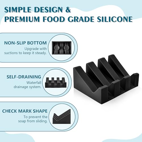 Soap Dish Holder for Shower with Suction Cup, Silicone Soap Holder & Saver Self-Draining Bar Soap Dish Keeps Soap Dry for Bathroom, Kitchen, Bathtub, Extends Soap Life (Black-4Pack) - color: Black - 4 Pack