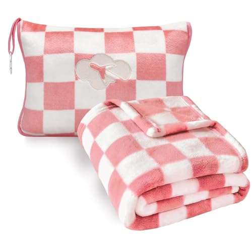 Travel Blanket and Pillow Compact, Premium Soft 2 in 1 Airplane Blanket with Soft Bag Pillowcase，Hand Luggage Sleeve and Backpack Clip (Ckeckered Pink) - color: Checkered Pink