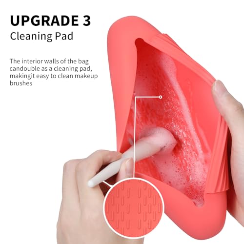 AGIKET Silicone Makeup Brush Holder Travel Cosmetic Bag：Soft Portable Cosmetic Face Brushes Holder with Upgrade Anti-Fall Out Magnetic Closure, Large Travel Makeup Brush Case - Guava - color: Guava, style: Brush Holder