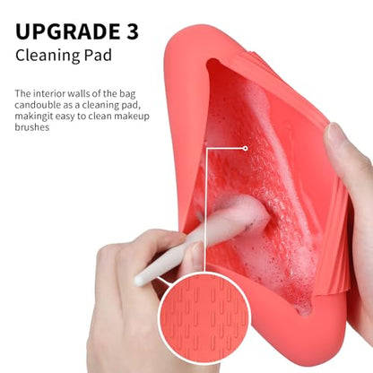AGIKET Silicone Makeup Brush Holder Travel Cosmetic Bag：Soft Portable Cosmetic Face Brushes Holder with Upgrade Anti-Fall Out Magnetic Closure, Large Travel Makeup Brush Case - Guava - color: Guava, style: Brush Holder