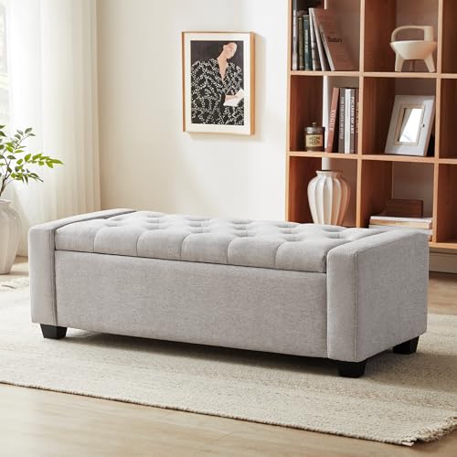 Huatean Home 48" Ottoman with Storage, Storage Ottoman Bench with Safety Hinge, Upholstered Entryway Bench with Seating for Bedroom, Living Room, Holds up to 330 lb(Light Gray) - color: Lightgray, size: 19.7"D x 48"W x 16.9"H