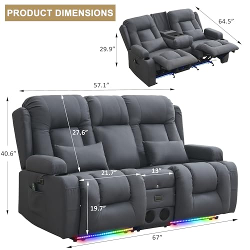 URRED Power Loveseat Recliner Sofa with Massage and Heat, Wall Hugger Reclining Loveseat with Console, RV Couch Home Theater Seating with LED Lights for Living Room (Blue Grey, 67" - 2 Seats) - color: Blue Grey, size: 67" - 2 Seats