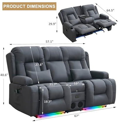 URRED Power Loveseat Recliner Sofa with Massage and Heat, Wall Hugger Reclining Loveseat with Console, RV Couch Home Theater Seating with LED Lights for Living Room (Blue Grey, 67" - 2 Seats) - color: Blue Grey, size: 67" - 2 Seats