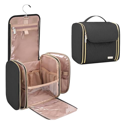Hanging Toiletry Bag & Makeup Bag for Women with Jewelry Organizer - TSA Approved Large Capacity Travel Cosmetic Organizer, Waterproof Shower Essentials Case with Transparent Pockets, Black - color: Black, style: Minimalist